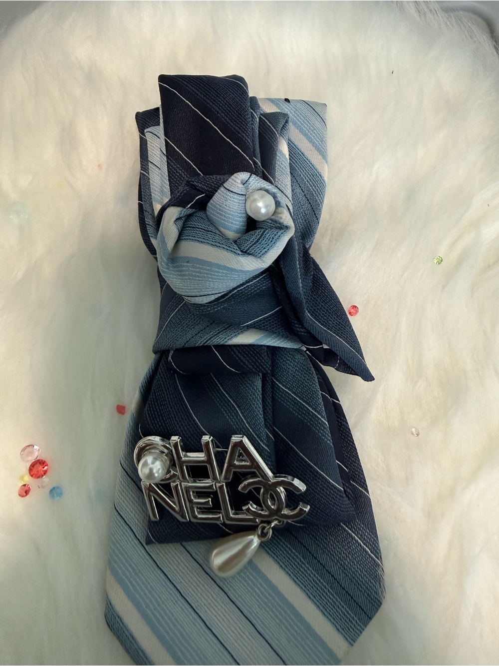Chanel-Inspired Navy and Light Blue Striped Men's Tie with Pin